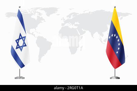 Drapeaux d'Israël et du Venezuela pour la réunion officielle sur fond de carte du monde. Illustration de Vecteur