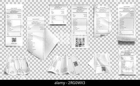 Page de facture réaliste. Reçu papier. Facture d'achat de supermarché. Chèque d'achat. Feuilles de chèque froissées 3D avec prix. Registre de paiement du marché ou r Illustration de Vecteur