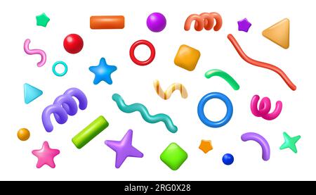 3d confettis. Géométrique brillant isolé sur des éléments blancs. Icônes colorées de fête d'anniversaire, rendre célèbre pétard, rubans festifs et étoiles amusantes Illustration de Vecteur