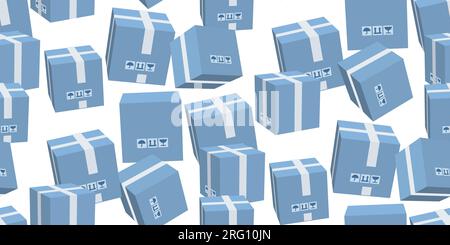 Boîte bleue fermée en carton avec ruban scotch et étiquettes sans couture. Boîte de chargement de livraison avec symbole d'entretien fragile, manipulation avec précaution, protecti Illustration de Vecteur