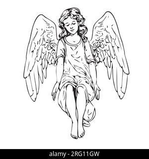 Jolie fille avec des ailes assis croquis à la main dessiné dans l'illustration de style doodle Angel Illustration de Vecteur