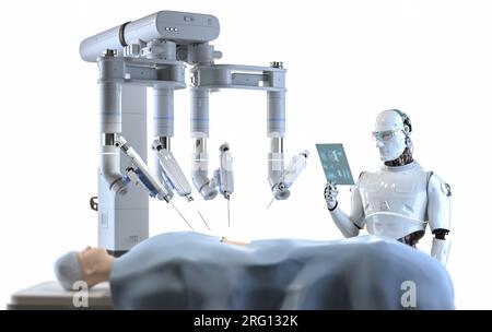 Concept de technologie médicale avec robot de médecin de rendu 3D avec chirurgie assistée robotique dans la salle d'opération Banque D'Images