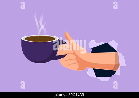 Dessin de style plat de dessin animé de la main de l'homme droit tenir une tasse blanche avec du café ou du thé. Trou déchiré dans le papier bleu ou trou, espace de copie. Concept de pause déjeuner Banque D'Images