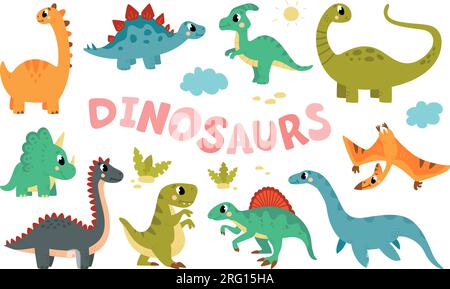 Mignon dinosaure herbivore plat, dinosaures de bande dessinée et reptiles. Personnages Dino doodle, enfants jurassic Park animaux. Monstres préhistoriques classe Illustration de Vecteur