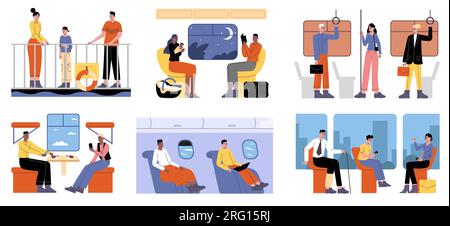 Passagers de dessins animés. Les gens qui vont dans les transports publics. Transport urbain en bus ou en train. Voyage en bateau. Voyages longue distance et internationaux Illustration de Vecteur