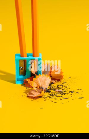 Crayons de récolte dans le taille-crayon bleu en plastique placé sur la table jaune près des copeaux Banque D'Images