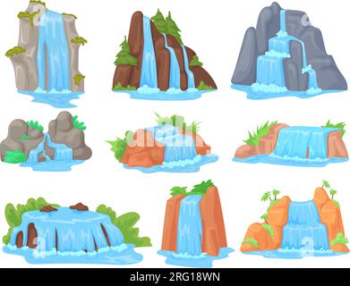 Cascades de dessins animés. Cascade naturelle pittoresque avec des ruisseaux d'eau chutes de falaise ou cascade de rivière de montagne pour des vacances touristiques de voyage dans la jungle tropicale, illustration vectorielle de paysage de cascade Illustration de Vecteur