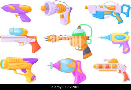 Blasters spatiaux de dessins animés. Pistolets futuristes pour les enfants jouent à l'espace jeu de guerres extraterrestres, laser blaster à faisceau d'arme plasma future Weaponization rétro pistolet laser scifi, illustration vectorielle soignée Illustration de Vecteur