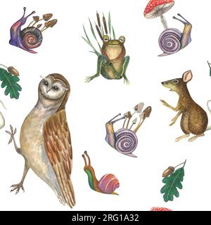 Illustration à l'aquarelle d'un hibou, escargots, champignons vénéneux, cagnotte, rat et grenouille sur fond blanc. Modèle sans couture pour la conception dessinée à la main Banque D'Images