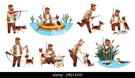 Personnage de chasseur de dessins animés. Chien drôle et propriétaire mignon sur la chasse au canard, assis dans le bateau dans le lac, fusil et équipement, extraction de sauvagine, passe-temps en plein air Illustration de Vecteur