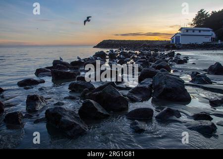 Sumner Beach à Christchurch , Nouvelle-Zélande , où le soleil se couche sur l'océan pacifique Banque D'Images