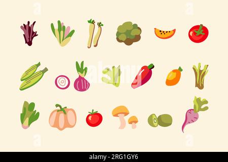 Ensemble d'autocollants de personnages rétro de légumes colorés. Étiquette moderne avec des personnages mignons. Gribouillages dessinés à la main. Décor moderne. 60s, 70s vibes vintage... Illustration de Vecteur