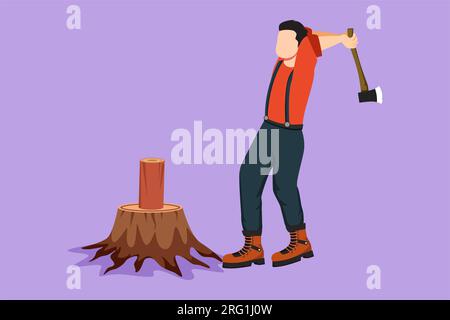 Dessin graphique à plat coupeur de bois ou bûcheron coupant du bois avec une hache. Porter chemise, jeans et bottes. L'homme actif avec la hache dans ses mains coupe l'arbre Banque D'Images