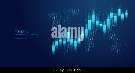 Chandeliers abstraits du marché boursier et carte du monde sur fond bleu Illustration de Vecteur