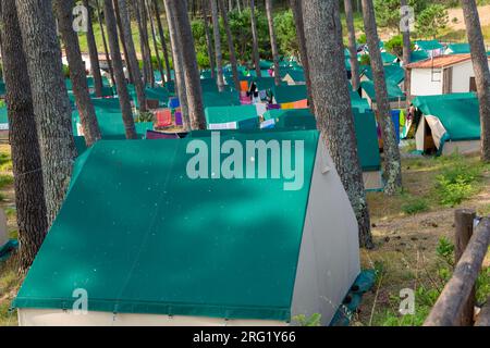 Tentes dans le camping, Camping Islas Cies, Isla del Faro, Îles Cies, Galice, Espagne Banque D'Images