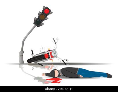 Accident. un accident de la circulation impliquant un motocycliste. La moto s'est écrasée contre un feu de circulation sur une route glissante. Illustration de Vecteur