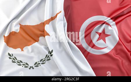 Drapeaux volants de Chypre et de Tunisie. Rendu 3D. Banque D'Images