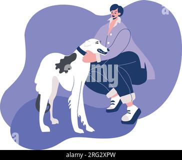 Femme accroupie près du chien isolé sur fond blanc. Illustration de Vecteur