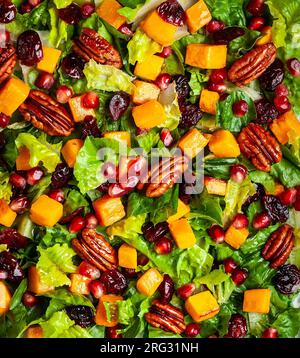 Salade de saison automne-hiver avec citrouille rôtie, canneberge séchée, noix de pécan et graines de grenade. Un excellent choix pour Thanksgiving, Noël, E du nouvel an Banque D'Images