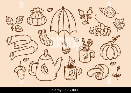 Grillades d'automne confortables. Bonnet tricoté et écharpe, chaussettes, parapluie, théière avec tasses, champignon forestier, citrouille, baies, gland et feuilles d'automne. Vecteur Illustration de Vecteur
