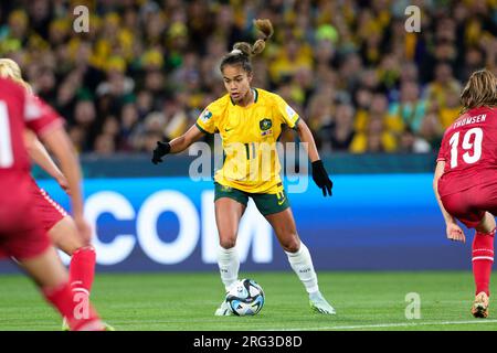 Sydney, Australie. 07 août 2023. L'australienne Mary Fowler dribble le ballon lors de la manche du match de la coupe du monde féminine de la FIFA 16 2023 entre l'Australie et le Danemark féminin au Stadium Australia, Sydney, Australie le 7 août 2023. Photo de Peter Dovgan. Usage éditorial uniquement, licence requise pour un usage commercial. Aucune utilisation dans les Paris, les jeux ou les publications d'un seul club/ligue/joueur. Crédit : UK Sports pics Ltd/Alamy Live News Banque D'Images