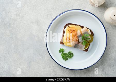 Sandwich ouvert ou smorrebrod avec pain de seigle, hareng, œufs, oignons caramélisés, persil et fromage cottage sur vieux fonds de table rustiques en bois. Dani Banque D'Images