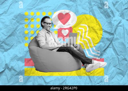 modèle d'illustration créative abstraite rétro 3d collage de l'homme mature assis sac de haricot bleu couleurs jaune icône de coeur comme netbook de travail Banque D'Images