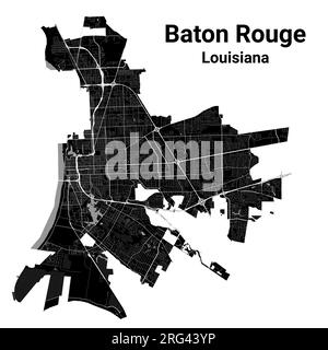 Plan de la ville de Baton Rouge, capitale de l'État de Louisiane aux États-Unis. Frontières administratives municipales, carte en noir et blanc avec rivières et routes, parcs a Illustration de Vecteur