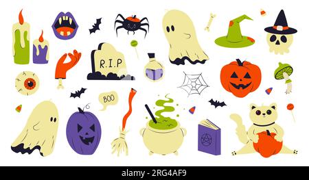 Ensemble mignon de dessin animé d'éléments d'halloween Illustration de Vecteur