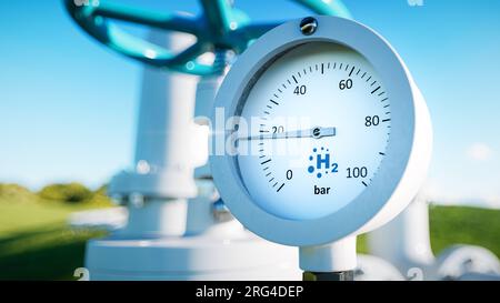 Gros plan d'un manomètre avec un tuyau d'hydrogène en arrière-plan. 3d rendu. Banque D'Images