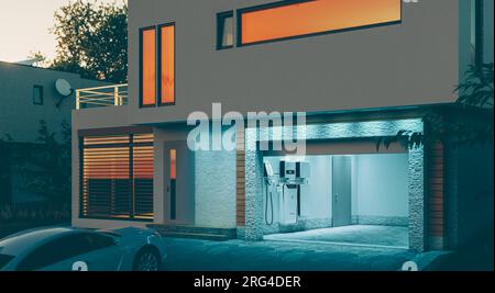 concept d'un système de stockage d'énergie à batterie domestique situé dans le garage d'une maison familiale moderne dans une lumière bleue futuriste illuminant le guichet automatique du soir Banque D'Images