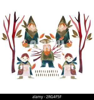 L'aquarelle compose avec des gnomes d'automne. Illustration isolée. Clipart. Illustration raster pour emballages, cartes de vœux, cartes postales et invitations. Banque D'Images