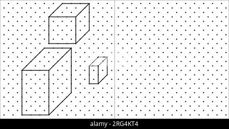 Cubes isométriques 3D pour chaque forme en utilisant les lignes pointillées sur une grille de points. Le dessin au trait est sur une feuille de mathématiques de l'école avec un fond blanc. Illustration de Vecteur