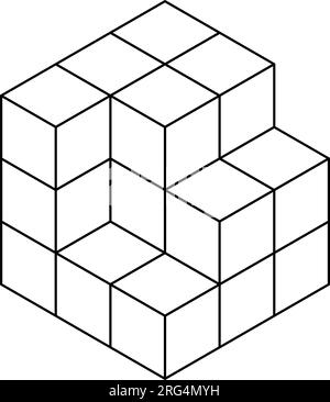 Cubes isométriques 3D pour chaque forme en utilisant les lignes pointillées sur une grille de points. Le dessin au trait est sur une feuille de mathématiques de l'école avec un fond blanc. Illustration de Vecteur