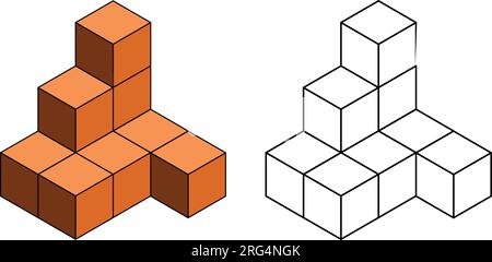 Cubes isométriques 3D pour chaque forme en utilisant les lignes pointillées sur une grille de points. Le dessin au trait est sur une feuille de mathématiques de l'école avec un fond blanc.' Illustration de Vecteur