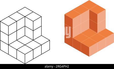 Cubes isométriques 3D pour chaque forme en utilisant les lignes pointillées sur une grille de points. Le dessin au trait est sur une feuille de mathématiques de l'école avec un fond blanc. Illustration de Vecteur