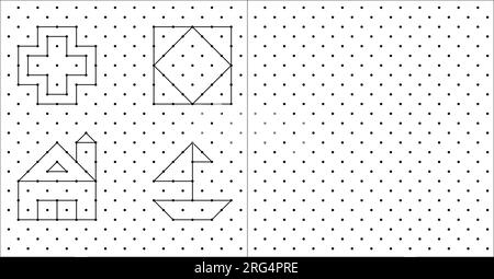 Cubes isométriques 3D pour chaque forme en utilisant les lignes pointillées sur une grille de points. Le dessin au trait est sur une feuille de mathématiques de l'école avec un fond blanc. Illustration de Vecteur