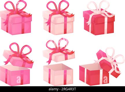 Boîtes roses et rouges fermées et ouvertes avec des noeuds en ruban rouges et blancs. Illustration isolée sur fond blanc dans le style de dessin animé réaliste. Illustration de Vecteur