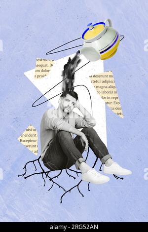 Modèle vertical de conception d'illustration collage de jeune homme triste chômeur débordé théières coulées fatigué isolé sur fond de couleur bleue Banque D'Images