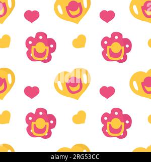 Sucettes florales pour bébé fille à motif sans couture. Sucettes bébé fond rose et jaune. Illustration de Vecteur