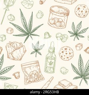 Modèle sans couture de produits de cannabis. Fond vintage dessiné à la main de marijuana. Illustration vectorielle dans le style d'esquisse. Motif de gravure de mauvaises herbes Illustration de Vecteur