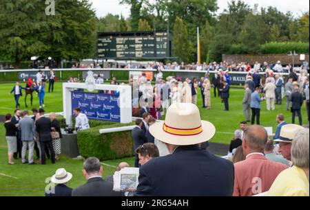 Un spectateur portant un chapeau Goodwood Panama regarde l'action dans le Parade Ring le jour 3 du Qatar Goodwood Festival Meeting 2023 à Goodwood Racecourse, Chichester Banque D'Images