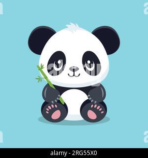 Flat Vector Cute Cartoon Panda personnage avec bambou. Drôle souriant assis Panda Bear dans la vue de face Illustration de Vecteur