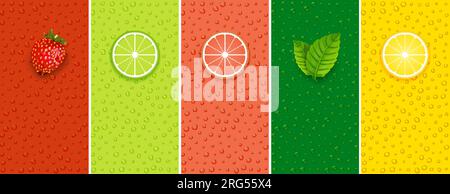 Icône de saveur sticker citron vert menthe aux fruits ou jus de raisin. Fruit logo étiquette goutte de vitamine Illustration de Vecteur