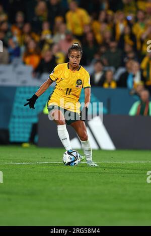 7 août 2023 ; Stadium Australia, Sydney, NSW, Australie : FIFA Womens World Cup Round of 16 football, Australie contre Danemark ; Mary Fowler d'Australie contrôle le ballon Banque D'Images