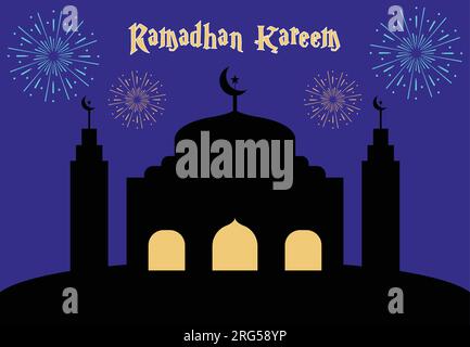 concept du mois de ramadan kareem avec mosquée sur colline et pétards festifs la nuit. vecteurs, illustrations et arrière-plans. Illustration de Vecteur