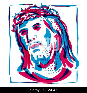 Illustration de technique de risographie d'une tête de Jésus-Christ avec une couronne d'épines faite dans le style rétro de sérigraphie numérique effet riso. Banque D'Images