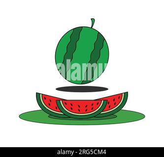 Logo vectoriel d'une pastèque rouge mûre entière, tige verte, pastèque tranchée avec chair rouge servie sur une assiette. Motif pastèque de nourriture sucrée naturelle. Illustration de Vecteur