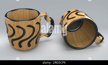 Tasse à café en bois avec motif circulaire incurvé noir embossé. Isolé sur fond blanc. Mug Design Showcase Afficher le rendu 3D. Banque D'Images