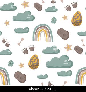 Traces d'empreinte de motif sans couture de dinosaure. Fond de couleur minimal avec patte, pierres, arc-en-ciel. Motif sans couture d'empreinte de dinosaure parfait pour Illustration de Vecteur